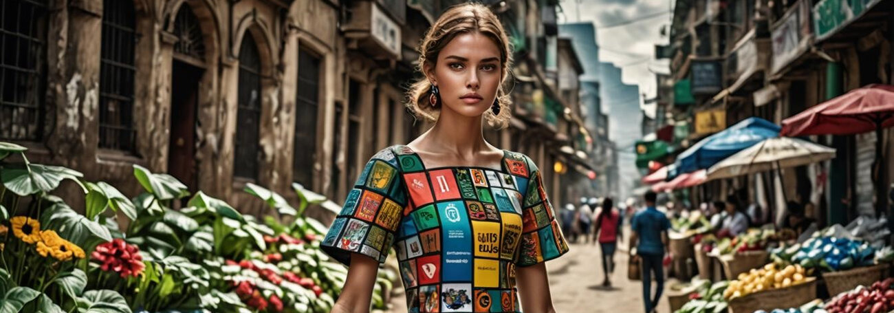Een model in een jurk gemaakt van SDG's