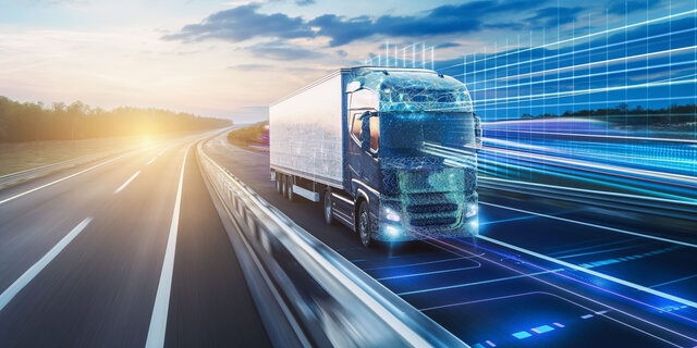Een vrachtwagen op een futuristische snelweg