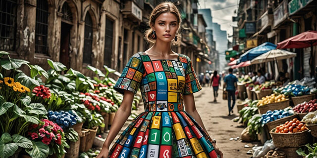 Een model met een jurk gemaakt van SDG's staat in een sloppenwijk